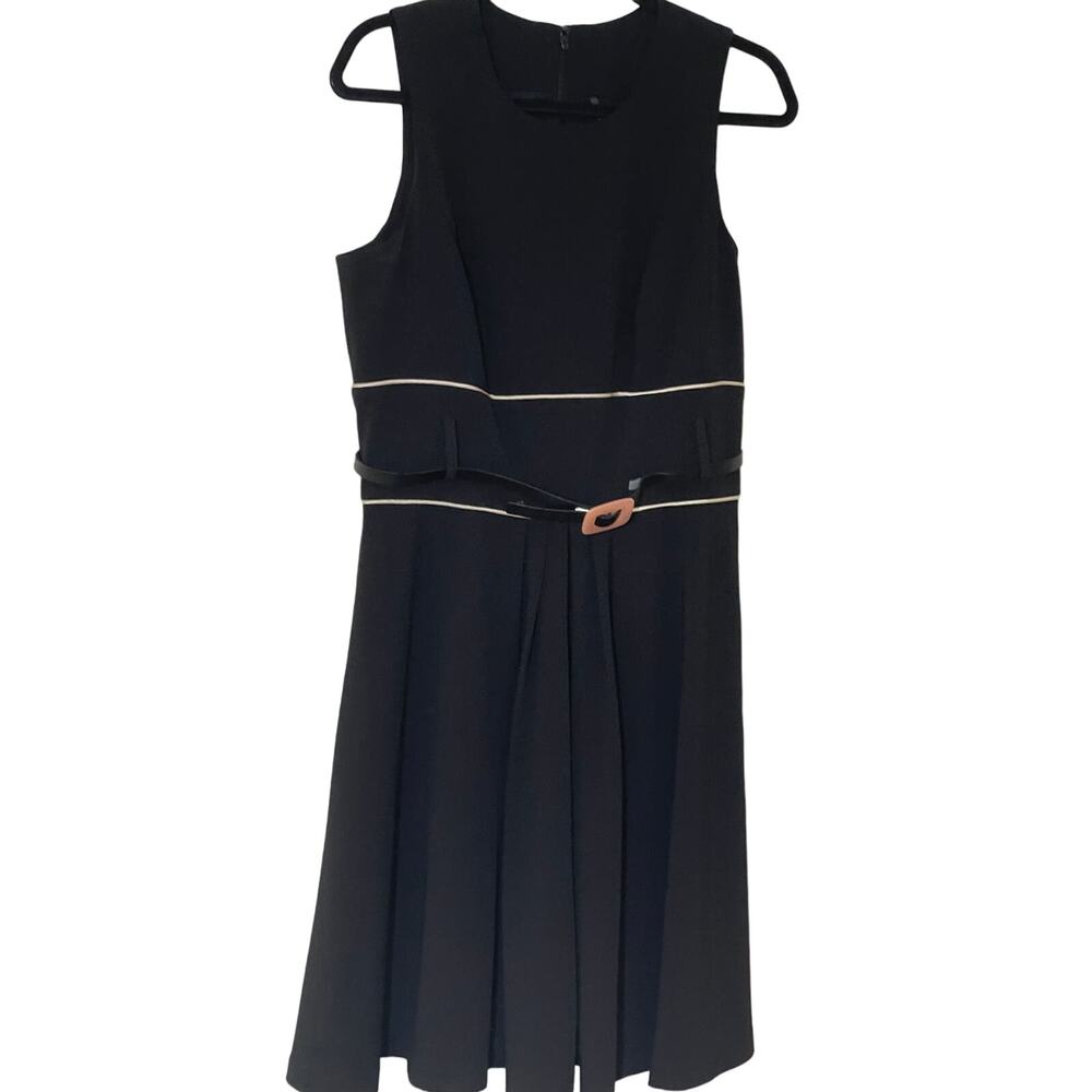 Badgley Mischka Black & White Sleeveless Belted Midi Dress SIZE 12 LINED ~READ